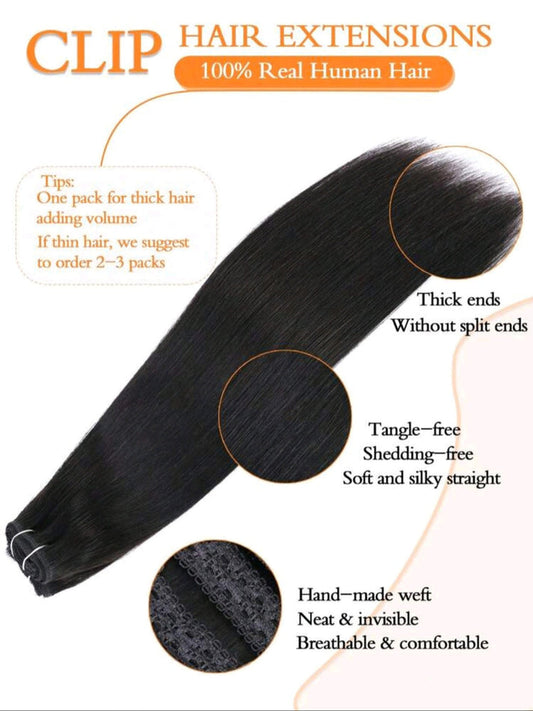✨ Luxury Black Straight Clip-In Human Hair Extensions - Sleek & Silky Perfection