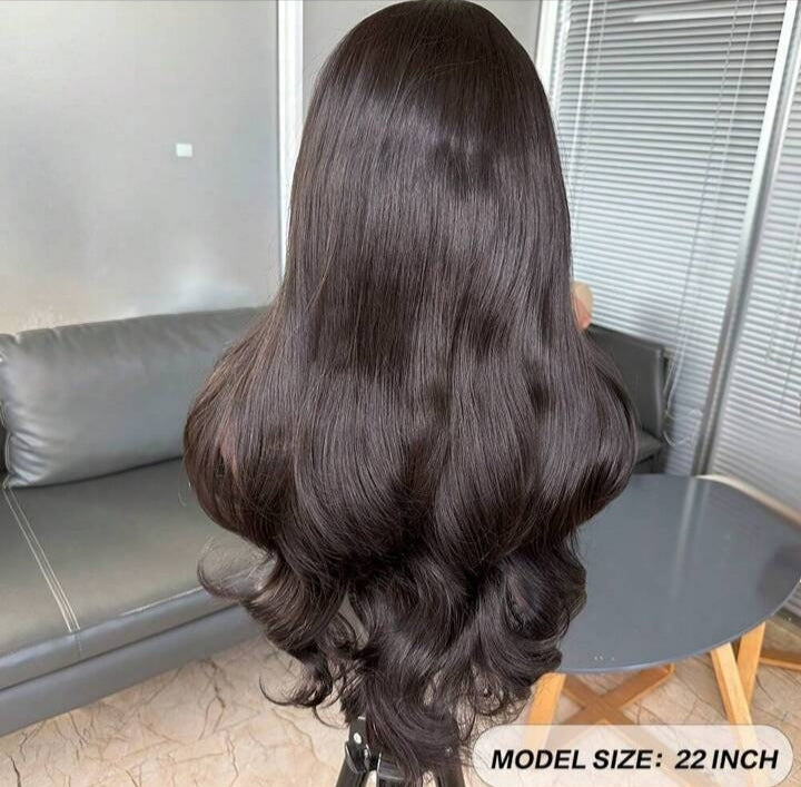 ✨ Natural Black Curtain Bangs Lace Front Wig - Human Blend ✨