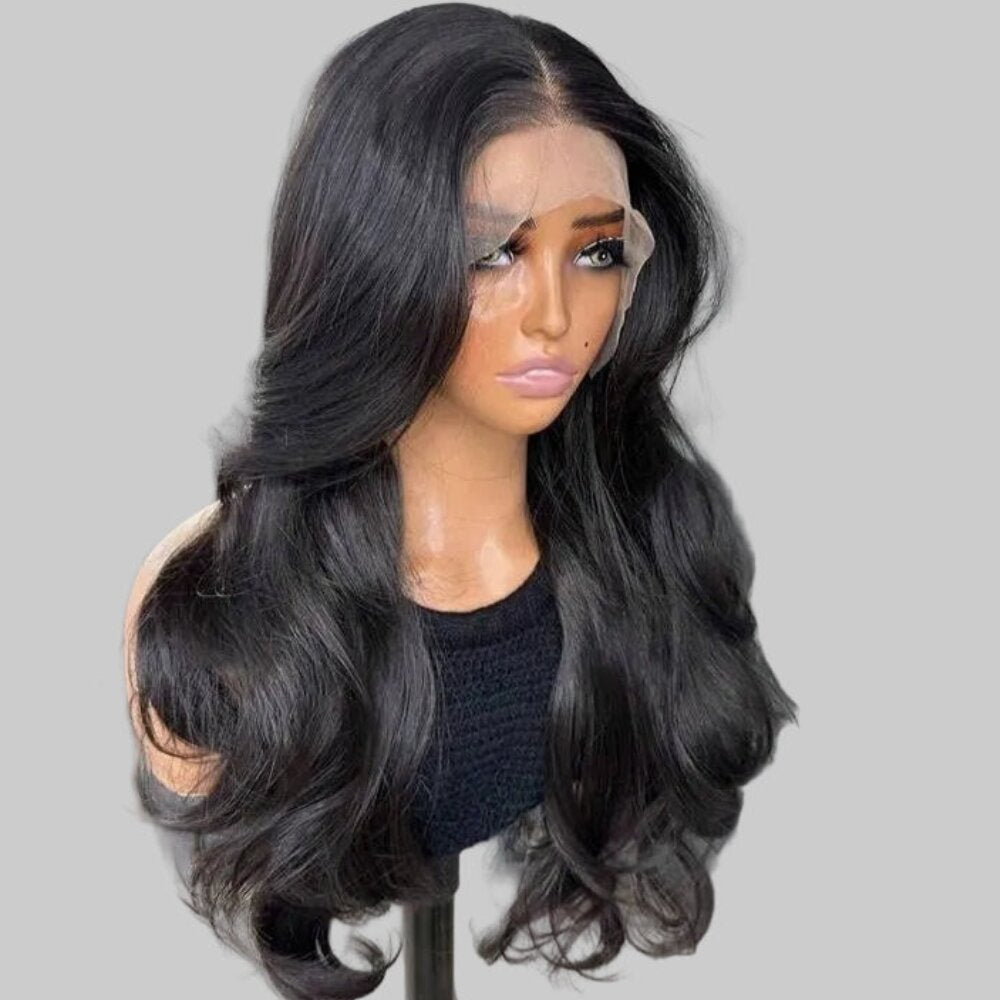 ✨ Natural Black Curtain Bangs Lace Front Wig - Human Blend ✨