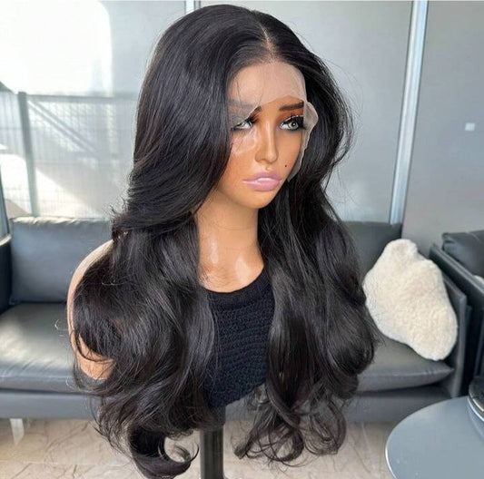✨ Natural Black Curtain Bangs Lace Front Wig - Human Blend ✨
